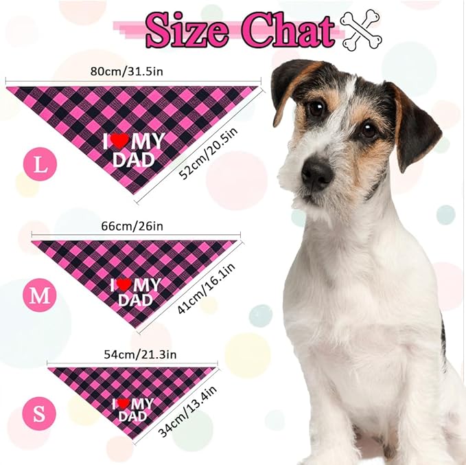 GreenJoy Cute Plaid Dog Bandana – Washable Pet Triangle Scarf for Small, Medium, Large Dogs and Cats, Adjustable Pet Accessory for Birthday, Wedding and Christmas (Pink (I Love My Dad), Medium)