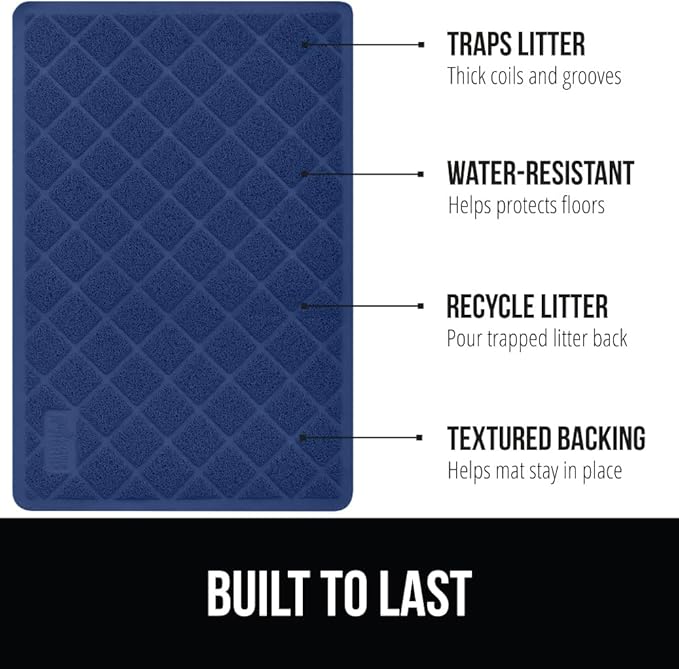 GORILLA GRIP Cat Litter Box Mat, 35x23, Water Resistant, US Designed Kitty Litter Trapping Mats, Easy to Clean, Scatter Control, Less Mess and Clean Floors, Kitten Supplies for Indoor Cats, Navy Blue