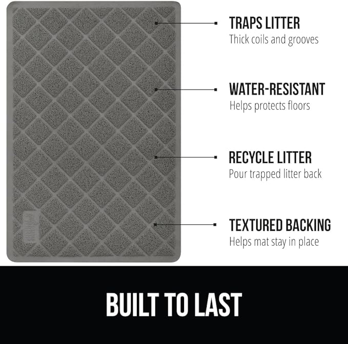 GORILLA GRIP Cat Litter Box Mat, 40x28, Water Resistant, US Designed Kitty Litter Trapping Mats, Easy to Clean, Scatter Control, Less Mess and Clean Floors, Kitten Supplies for Indoor Cats, Grey