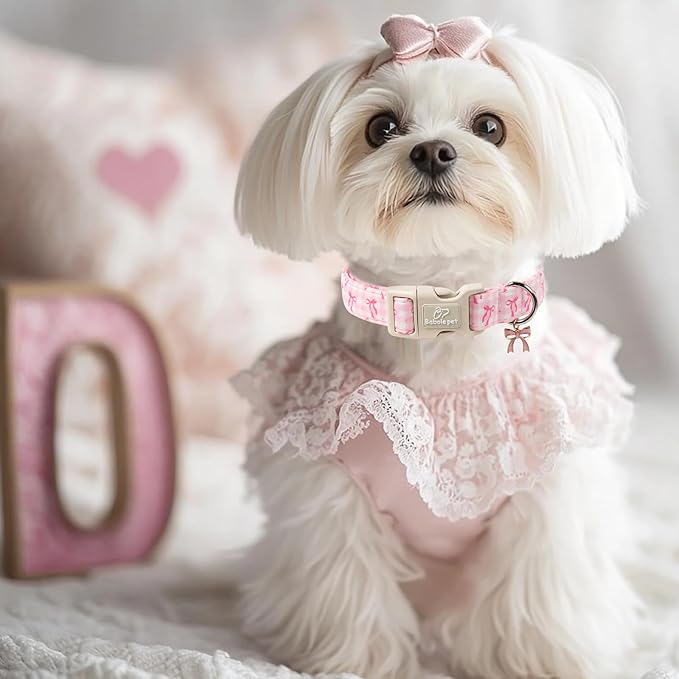 Girl Dog Collar for Puppy Small Dogs - Cute Pink Plaid & Bow Print Spring/Summer Puppy Collar, Soft Adjustable Holiday Female Dog Collars with Quick Release Buckle XS