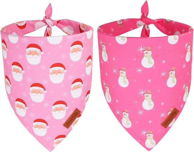 PTDECOR Christmas Dog Bandana, Santa Snowman Design Reversible Holiday Pet Scarf, Pink Triangle Fit Female Christmas Bandanas for Medium Large Dogs Pets (Large)