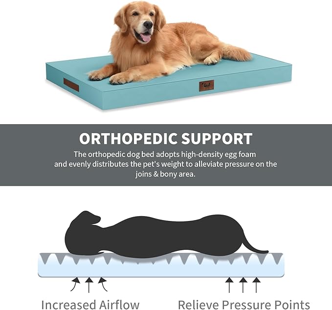 Outdoor Large Washable Dog Bed, Orthopedic Egg Crate Foam Dog Crate Mat for Large Dogs with Removable Oxford Cooling Cover, Light Blue