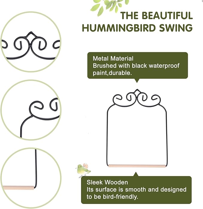 2PK Metal Frame Hummingbird Swings and Perches with Wooden Dowel Black Bird Swing Outdoor Bird Perch Humming Bird Swing (2PK)