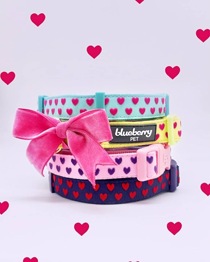 Blueberry Pet Adjustable Flocking Dog Collar with Detachable Velvety Bowtie - Heart in Gothic Grape, Small, Neck 12"-16"