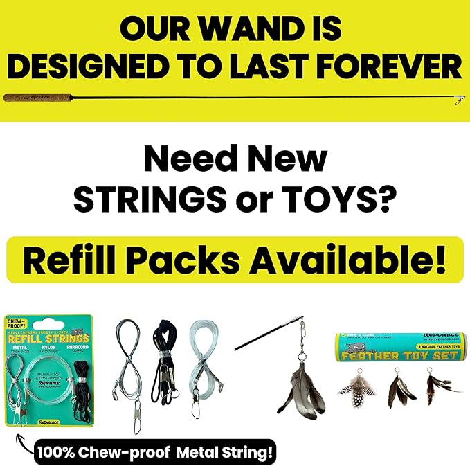 Forever Stick 2-Pack - The Unbreakable Cat Toy Wand, Extra Long Durable Interactive Cat Toy for Indoor Cats, Feather Kitten Toys for Bored Indoor Adult Cats, Bird Teaser Cat Accessories