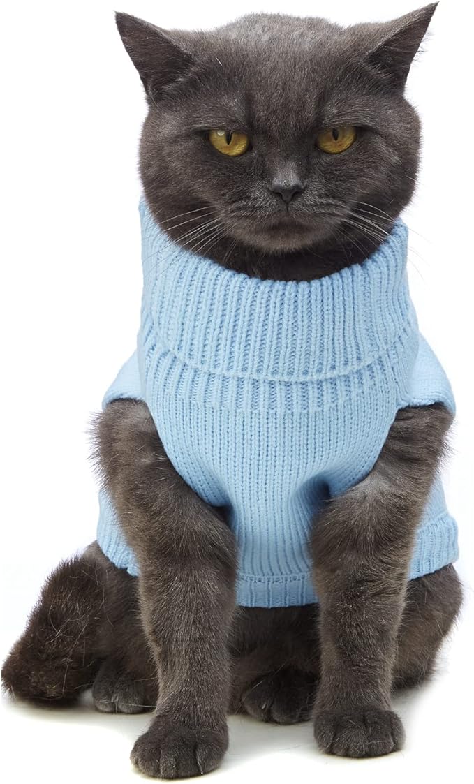 Stretchy Cat Sweater - 17 Colors & 6 Sizes | Snug Winter-Ready Knit for Boy/Girl Cats & Kittens(Blue, Large)