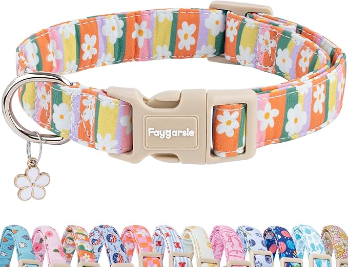 Faygarsle Colorful Floral Dog Collar, Cotton Fabric with Daisy Pattern, Multi-Color Stripes Spring Summer Design for Small Medium Large Dogs L