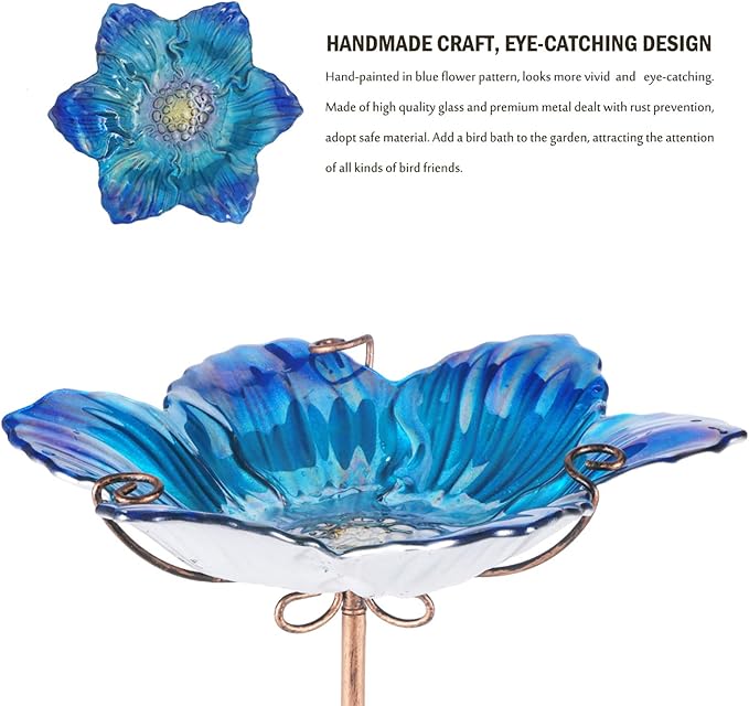 MUMTOP Bird Baths for Outdoors Glass Bird Bath Bowl Outdoor Bird Feeder Flower Pattern with Metal Stake for Garden, Yard and Lawn Decor(Blue)