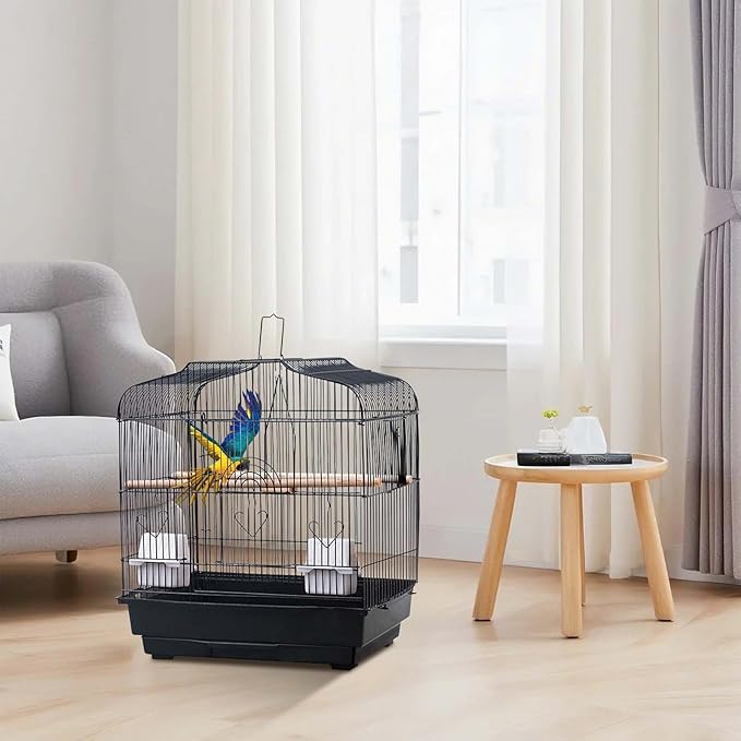 Travel Bird Cage 20.5x18.1x14.2 Inch, Portable Bird Carrier with Handle & 2 Perches for Small Birds, Parrots, Cockatiels, Budgies, Conures, Lovebirds, Canaries, Finches - White Metal Wire Cage
