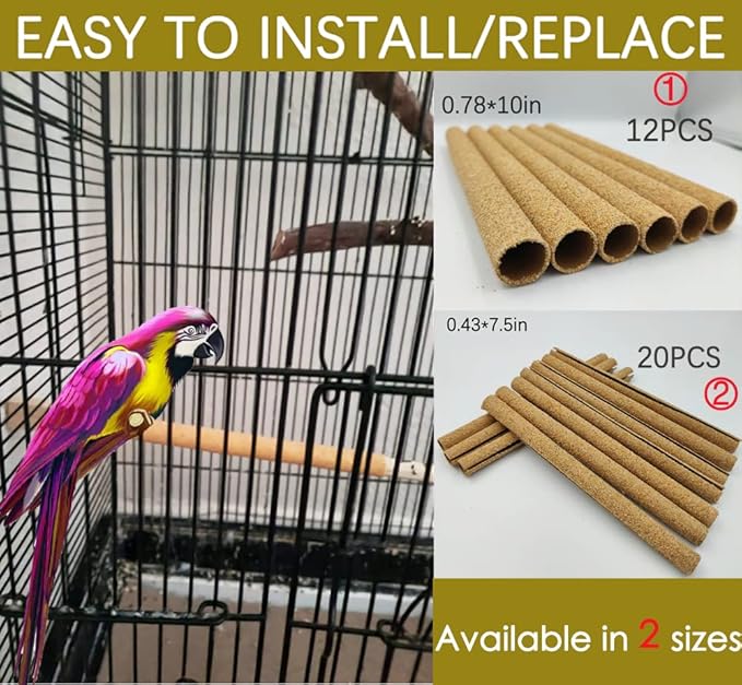 20Pcs Sand Perch Covers for Bird - Bird Perchs Covers 7.5" Long x 3/8" Diameter Bird perches for Parakeets, Lovebirds, Parrotlets, Canaries and Other Small Birds (Yellow, 20pcs 7.5" x 0.43")