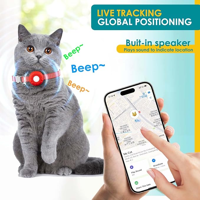 Smart Cat GPS Tracker, Cat Tracker Compatible with Apple Find My App (Only iOS), No Monthly Fee, Waterproof (White Tracker, Red Cat Collar)