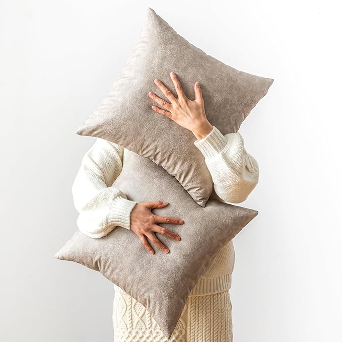Oversized Neutral Decorative Leather Pillow Cover Pack of 2, Grey Thickened Farmhouse Abrasion Floor Cushion Cover, for Home Decor Outdoor Lounge Office Cafe Throw Pillow Covers 24x24 inch