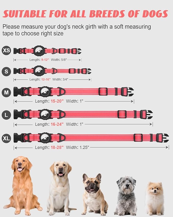 Joytale Airtag Dog Collar, Reflective Pet Collar with Waterproof AirTag Holder, Dual D-Rings, Soft Padded Adjustable for Medium Dogs, Neon Pink, M