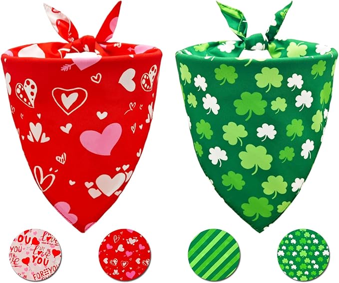 Valentine's & St. Patrick's Day Dog Bandana Set 2PCS-XLarge,Holiday Party Costumes,Pet Scarves for Boys and Girls,Dog Outfit Gifts for XLarge Dogs,Diverse Festive Styles