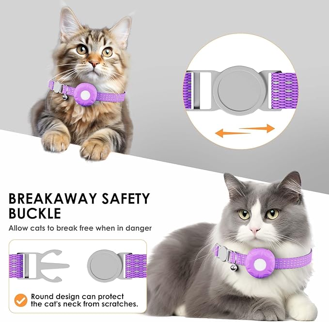 GPS Tracker for Cats, Compatible with Apple Find My App (Only iOS), No Monthly Fee Cat Tracker, Waterproof (White Tracker, Purple Cat Collar)
