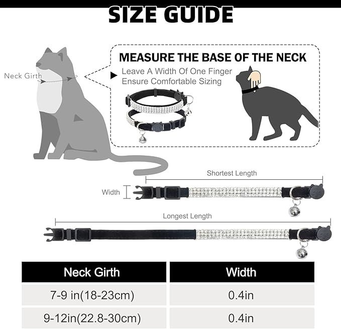 EXPAWLORER Soft Velvet Safe Cat Collars for Girl Cats - Rhinestones Adjustable Collars Breakaway- Chirstmas Cat Clollar Gifts with Bells for Boy Cats Kitty and Small Dogs(XS,Black)