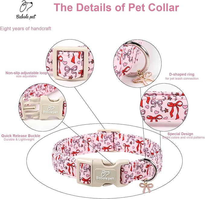 Girl Dog Collar for Small Dogs - Cute Heart Bow Print Girly Dog Collars, Soft Adjustable Spring/Summer Holiday Female Dogs Collar with Quick-Release Buckle S