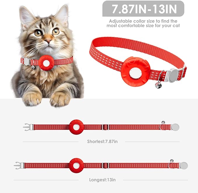 Smart Cat GPS Tracker, Cat GPS Tracker Compatible with Apple Find My App (Only iOS), No Monthly Fee, Waterproof (White Tracker, Red Cat Collar)
