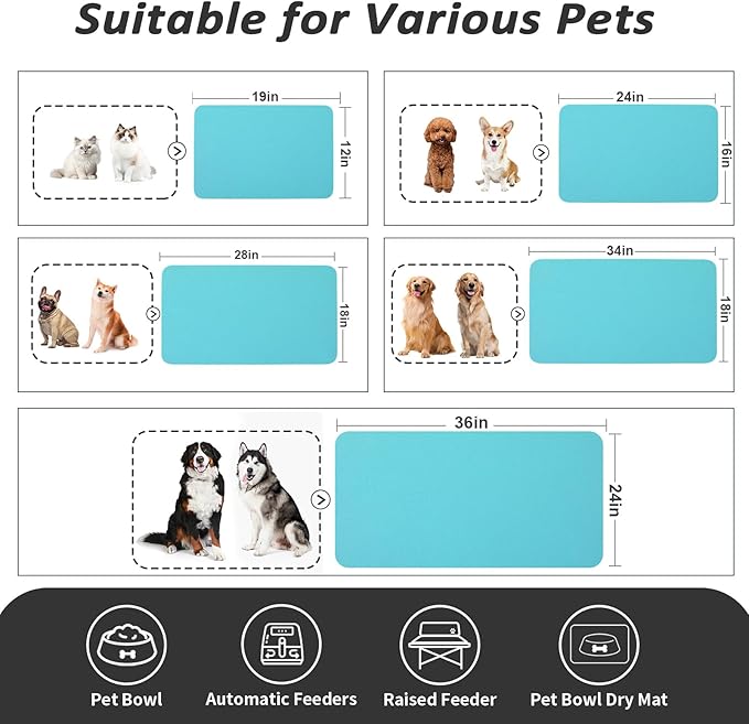 Dog Food Mat - Absorbent Cat Mat for Food and Water, No Stains Pet Feeding Bowl Mat, Easy to Clean Pet Placemats, Quick Dry Dog Water Dispenser Mat for Messy Drinkers | Teal 12"x 19"
