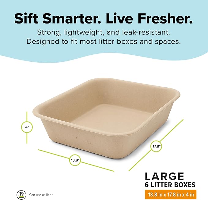 Kitty Sift Disposable Cat Litter Box Large, 6 Count, Durable Portable for Travel and Home, Eco-Friendly Disposable Litter Box Controls Odor