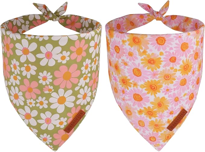 ADOGGYGO Floral Dog Bandanas 2 Pack, Daisy Flower Pet Scarf, Premium Fabric, Adjustable Fit Spring Summer Floral Bandanas for Extra Large Dogs (X-Large)