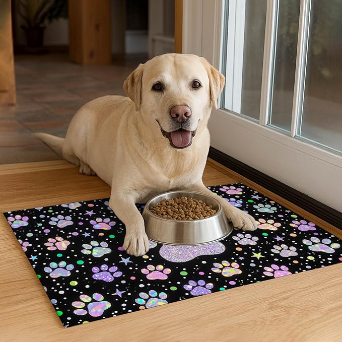 Pet Feeding Mat 24x16 inch Glitter Paw Print Pet Bowl Placemat Non Slip Floor Mat for Food and Water Indoor Pet Feeding Station Cute Meal Pad for Small Cats and Dogs Kitchen Use