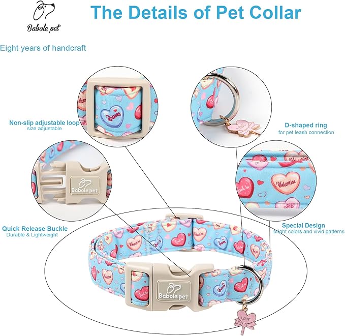 Valentines Dog Collar for Large Dogs - Valentine Candy Hearts Dog Collars, Love Boy Girl Dogs Collars, Lightweight Adjustable Cute Blue Puppy Collar with Quick-Release Buckle L