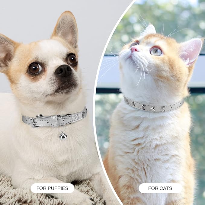 Leather Cat Collars for Boy Girl Cats with Bell and Safety Elastic Belt, Personalized Star and Moon Stud Adjustable Safe Buckle Collar for Kitty Small Big Cats Size 8-12 Inch, Silver Grey