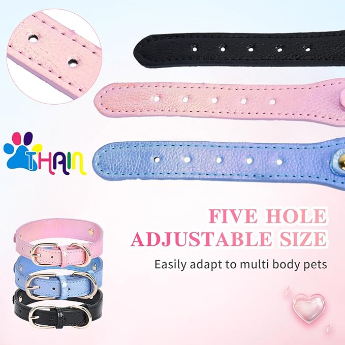 THAIN Fashion Dog Collar with Bling Diamonds & Heart Charm – 5 Holes Adjustable PU Leather Rhinestones Necklace Collar, Gold Buckle for Small Medium Dogs Girl boy (Black, S)