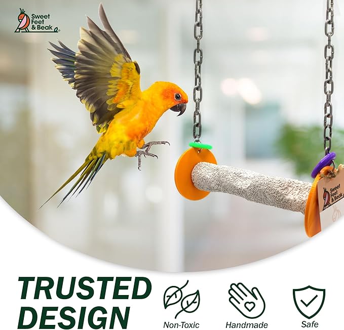 Sweet Feet and Beak Roll Bird Swing - Pumice Perch Bird Toys Trims Nails and Beaks, Safe and Non-Toxic Bird Cage Accessories for Small and Large Birds, Swinging Toys Birds Will Love, Large 10.5 Inches