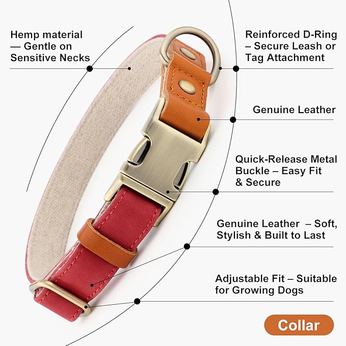 Plutus Pet Genuine Leather & Hemp Dog Collar – Adjustable Heavy Duty Pet Collar with Quick Release Metal Buckle, Soft & Stylish for Puppy and Small, Medium, Large Dogs (Red, L)