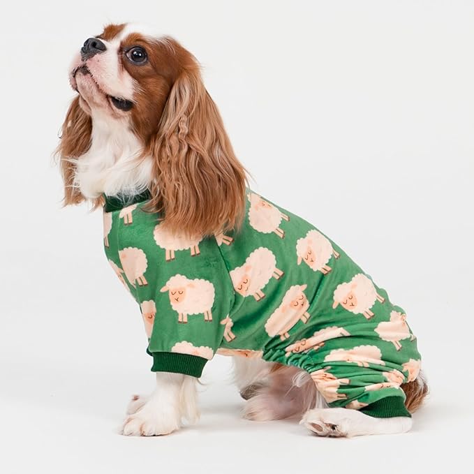 Fitwarm Funny Sheep Dog Pajamas, Warm Winter Dog Clothes for Small Dogs Boy Girl, Cozy Pet Onesie with Feet, Green, White, XL