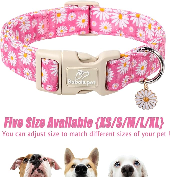 Summer Daisy Dog Collar, Cute Floral Adjustable Pink Dog Collars for Giant Large Dogs, Lightweight Quick-Release Buckle Collar for Boy&Girl Dogs XL