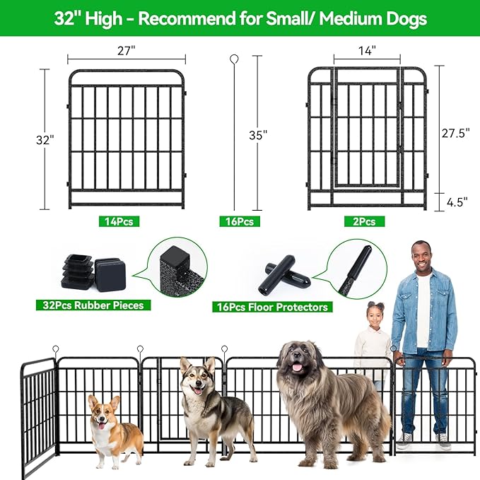 Dog Fence Outdoor 16 Piece Panels 32" Height, Square Steel Pipe with Reinforced Crossbars, Anti-Rust Heavy Duty Dog Playpen with Doors Portable for Yard RV Camping, Total 36FT, 103 Sq.ft, Snowy Black