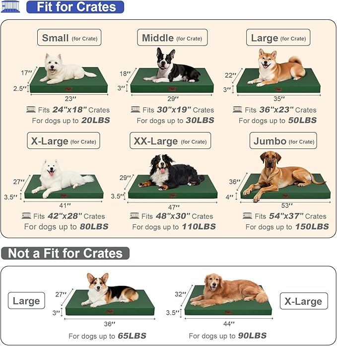 Outdoor All Weather Large Dog Bed, Waterproof Dog Bed for Large Dogs 36x27 Inch, Orthopedic Egg Crate Foam Pet Bed with Washable Removable Oxford Cooling Cover, Dark Green