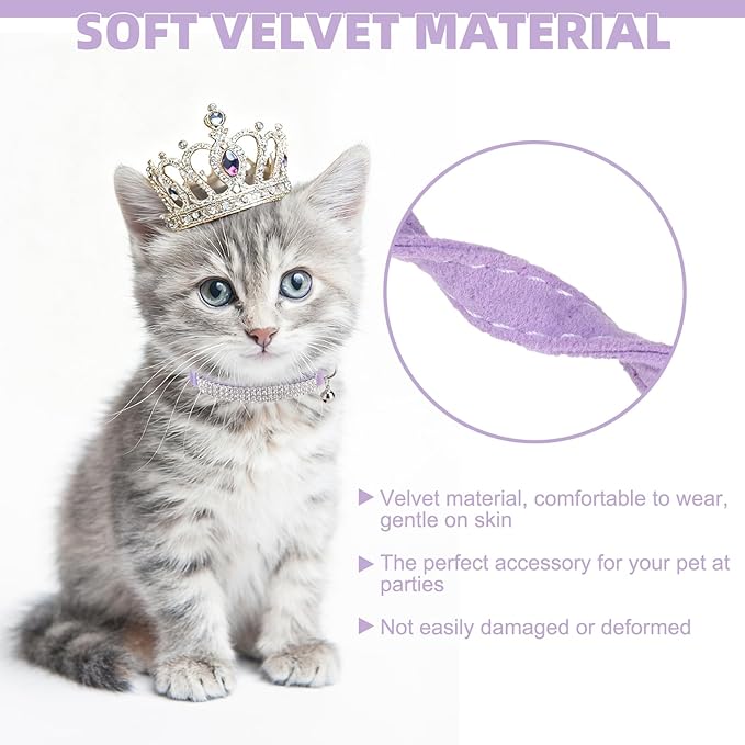 EXPAWLORER Soft Velvet Safe Cat Collars for Girl Cats -2 Pack Rhinestones Bling Diamante Adjustable Collars Breakaway- Chirstmas Cat Clollar Gifts with Bells for Boy Cats Kitty and Small Dogs