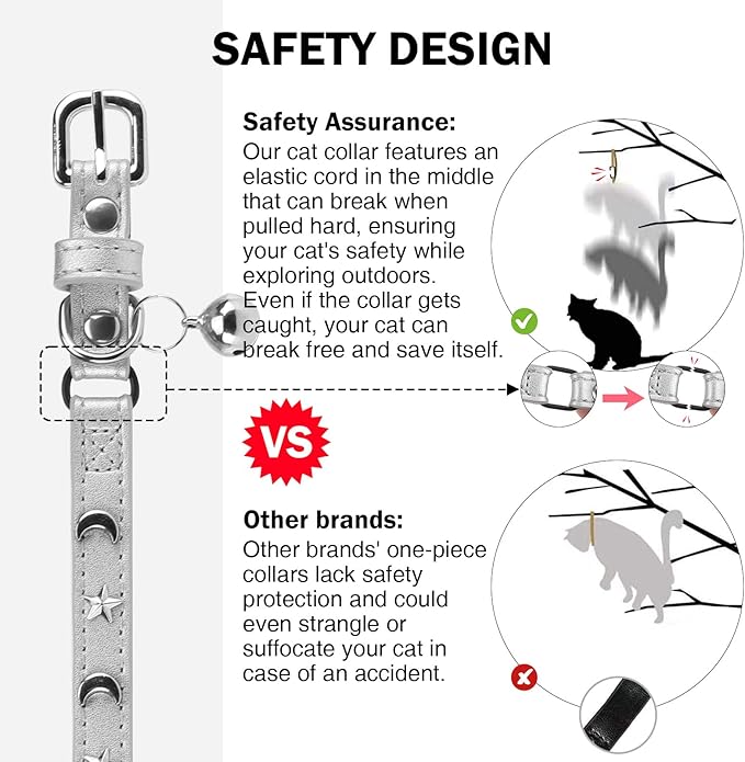 Leather Cat Collars for Boy Girl Cats with Bell and Safety Elastic Belt, Personalized Star and Moon Stud Adjustable Safe Buckle Collar for Kitty Small Big Cats Size 7-9 Inch, Silver Grey