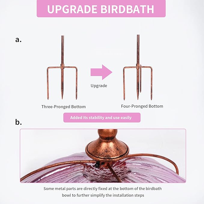 MUMTOP 31 Inch Height Glass Birdbath Birdfeeder with Metal Stake Garden Yard Outdoor Pink