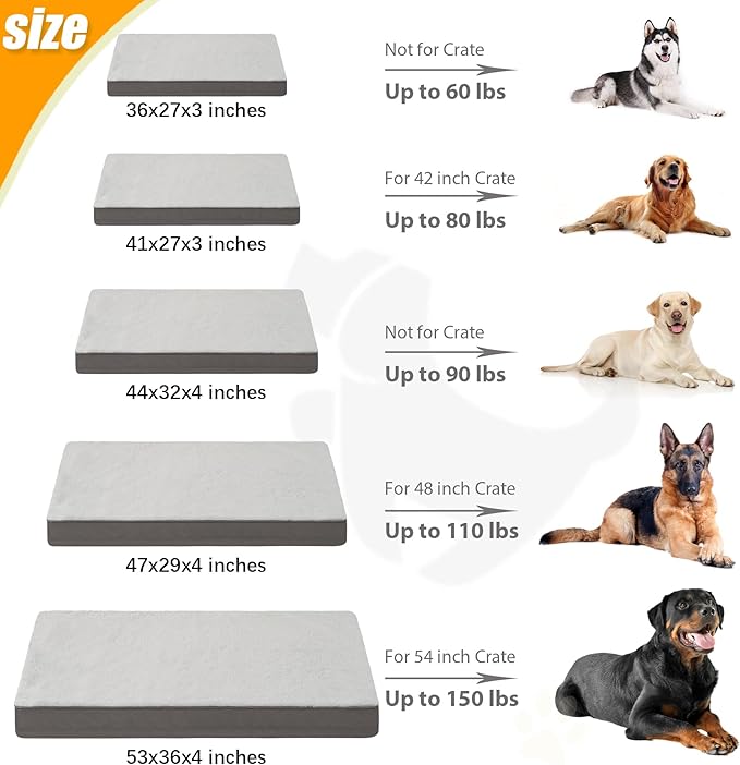 KSIIA Orthopedic Dog Bed Waterproof Dog Crate Bed for Extra Large Dogs Deluxe Plush Washable with Egg Crate Foam & Removable Cover, 47 x 29 Inch, Gray