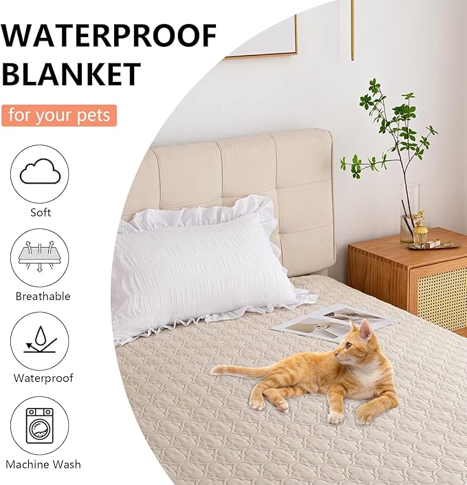Waterproof Blanket for Bed, Reversible Dog Couch Cover Pet Sofa Furniture Protector Machine Washable King Size(82x102 Inch, Cream+Khaki)