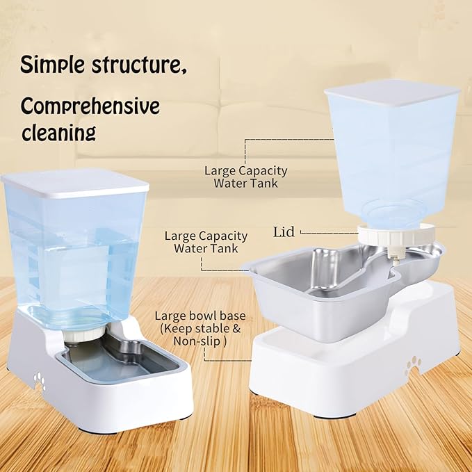 Meikuler Automatic Dog Cat Water Dispenser Large Capacity 5Lfor Cats and Medium and Large-Sized Dogs with Stainless Steel Bowl (White, 5L)