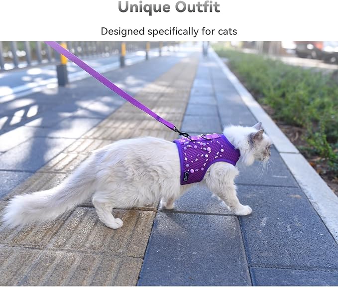 Kitty Harness and Leash for Walking Escape Proof Breathable Mesh Fabric, Purple, X-Small, Adjustable Cat Walking Jackets with DIY Beads, Padded Stylish Cat Vest