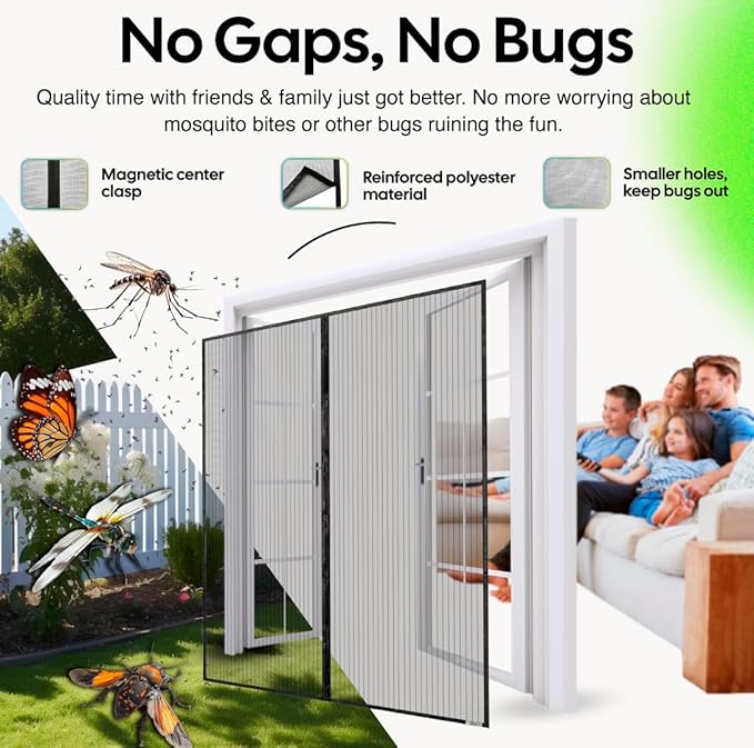 UnBugs Magnetic Screen Door - Fits French Door & Double Doors up to 50 x 82 Inches MAX - Pet & Kid Friendly, Self-Closing - Hands Free Magnet Closure Keeps Bugs Out & Breeze in