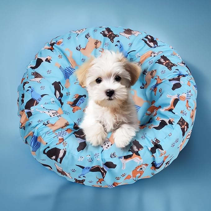Round Replacement Dog Bed Covers Elastic Edged Washable Pet Bed Protector with Cute Dog Pattern Design for Small & Medium Pet Beds, Cover Only (Blue, 30×9.8 Inch)