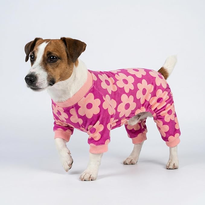 Fitwarm Flower Fleece Dog Pajamas, Warm Winter Dog Clothes for Small Dogs Girl, Cozy Pet Onesie with Feet, Pink, XXL