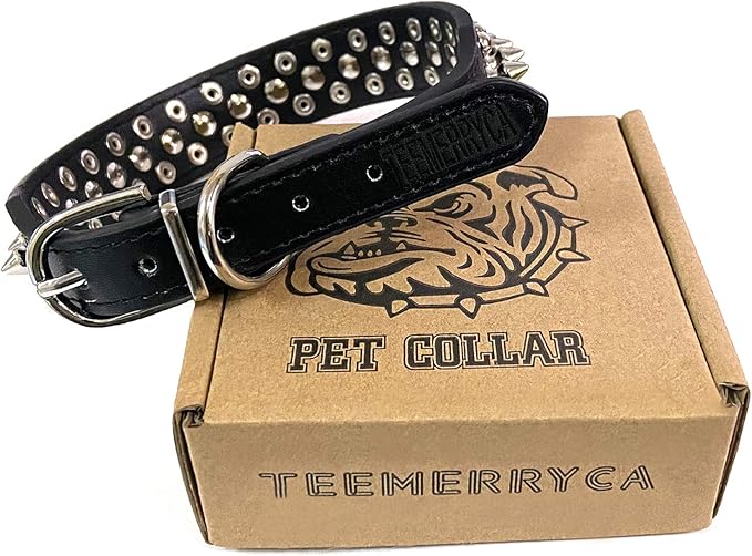 TEEMERRYCA Adjustable Microfiber Leather Spiked Studded Dog Collars with a Squeak Ball Gift for Small Medium Large Pets Like Cats/Pit Bull/Bulldog/Pugs/Husky, Black, XL 17.7-20.5 inches
