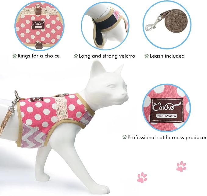 Cat Harness and Leash for Walking Escape Proof, Adjustable Cat Vest Harness, Padded Stylish Cat Walking Jackets, Polka Dot Pink, X-Small