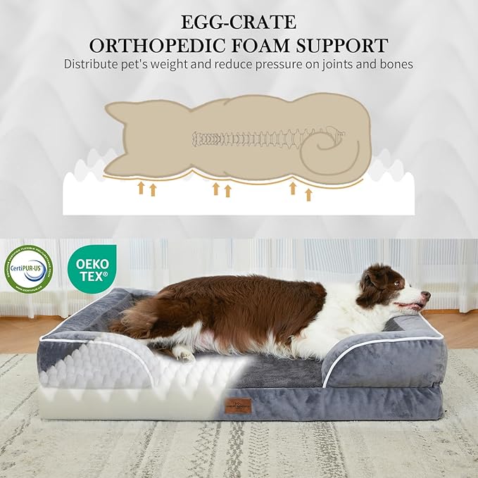 Comfort Expression Orthopedic Dog Bed for Large Dogs 35x22 Inch, Waterproof Supportive Egg Crate Foam Large Pet Bed with Removable Bolsters, Dog Couch with Washable Cover & Non-Slip Bottom, Dark Grey