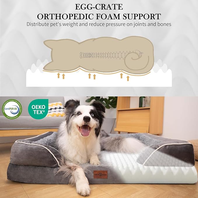 Comfort Expression Orthopedic Dog Bed for Extra Large Dogs 45x35 Inch, Waterproof Supportive Egg Crate Foam XL Pet Bed with Removable Bolsters, Dog Couch with Washable Cover & Non-Slip Bottom, Grey