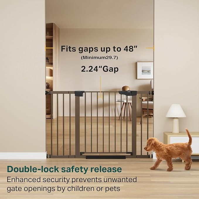 Cumbor 29.7-48" Baby Gate for Stairs, Mom's Choice Awards Winner-Dog Gate for Doorways, Auto Close Safety Pet Gate for Dogs Indoor, Easy Install Pressure Mounted Child Gate with Walk Thru Door, Brown